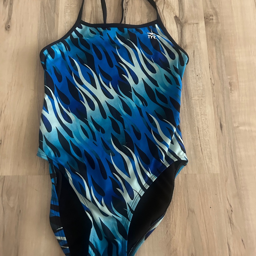 TYR Blue and Black One Piece Swimsuit Athletic Cut